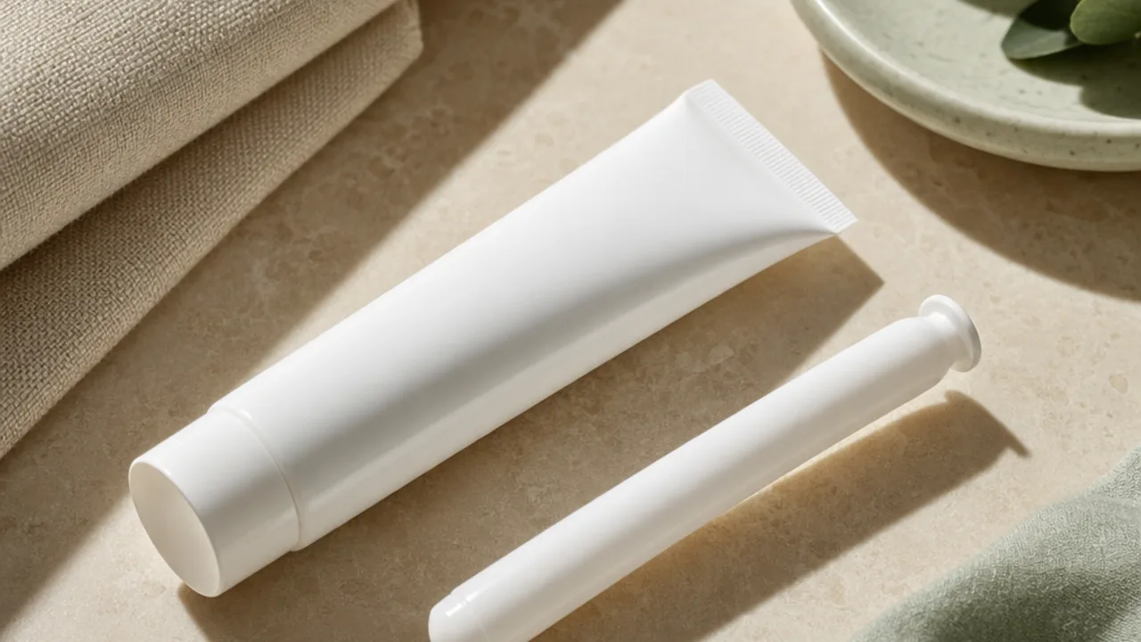 An unbranded cream tube and reusable applicator arranged as an editorial still life; no specific medicine or treatment result is shown.
