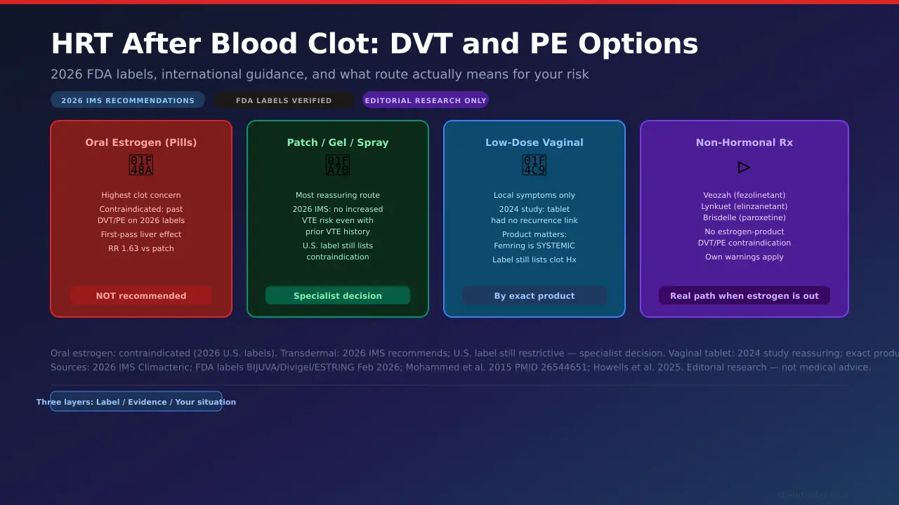 HRT after blood clot: pills vs patches vs vaginal estrogen vs non-hormonal options — 2026 route comparison chart