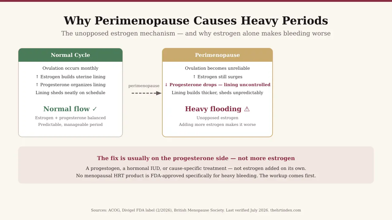Diagram comparing a normal cycle (estrogen balanced by progesterone) with perimenopause (low progesterone, unopposed estrogen, heavy flooding)