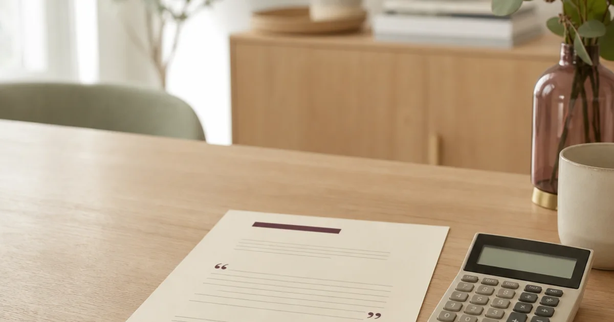 A blank care estimate, calculator and pen arranged on a light desk; no patient or provider details are shown.