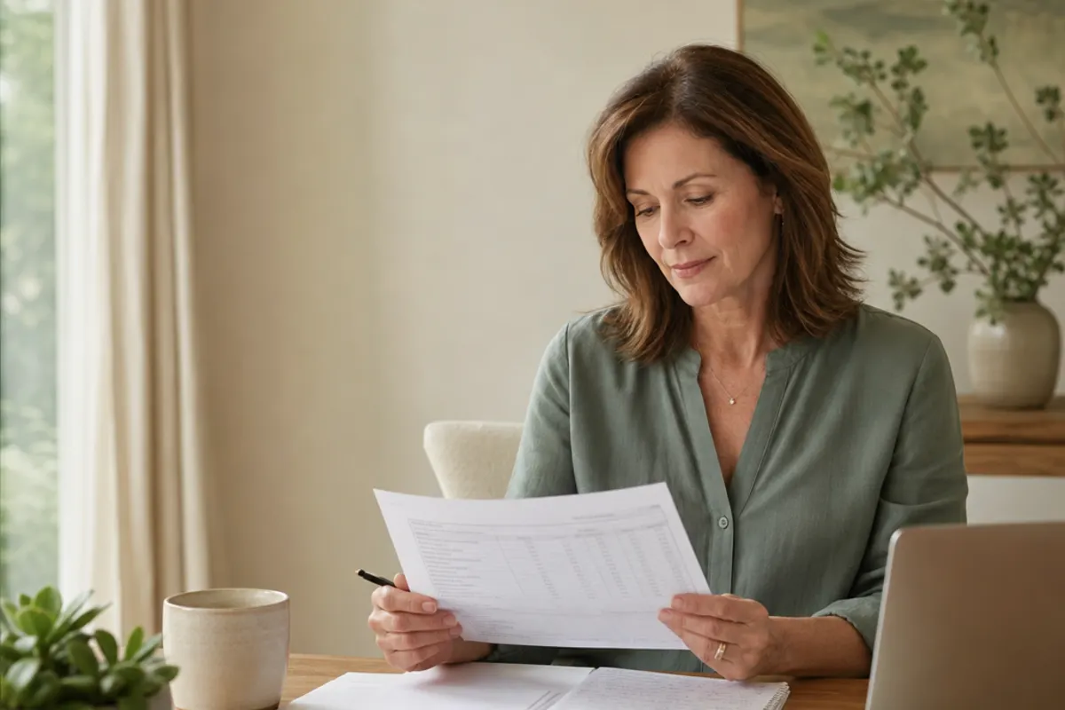 A woman reviewing a healthcare cost worksheet at home.