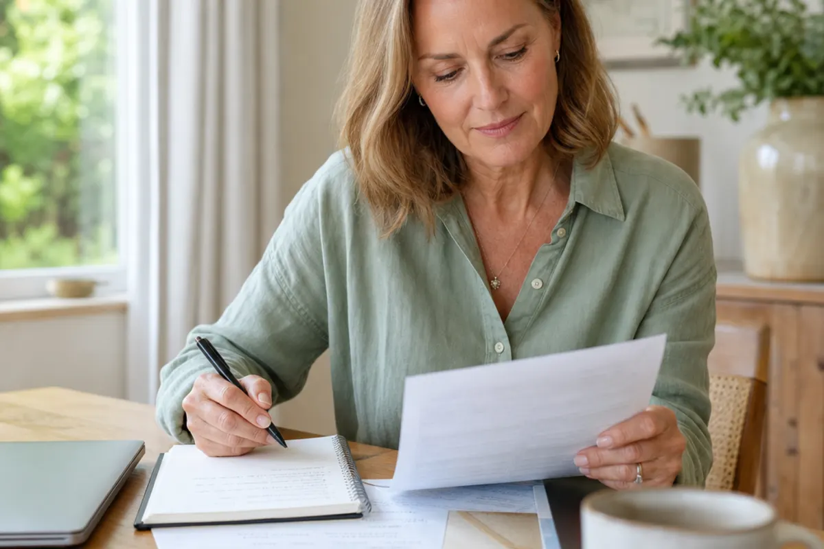 A woman in her early 50s reviews a written hormone-care quote and questions at home.
