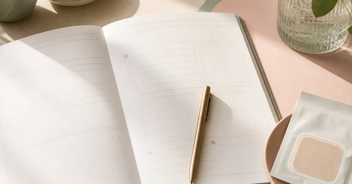 A private menopause visit worksheet, pen and unbranded estrogen patch arranged on a calm ivory desk