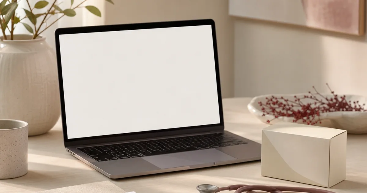 Unbranded laptop, appointment checklist and stethoscope on a warm desk for a Circle Medical menopause review.