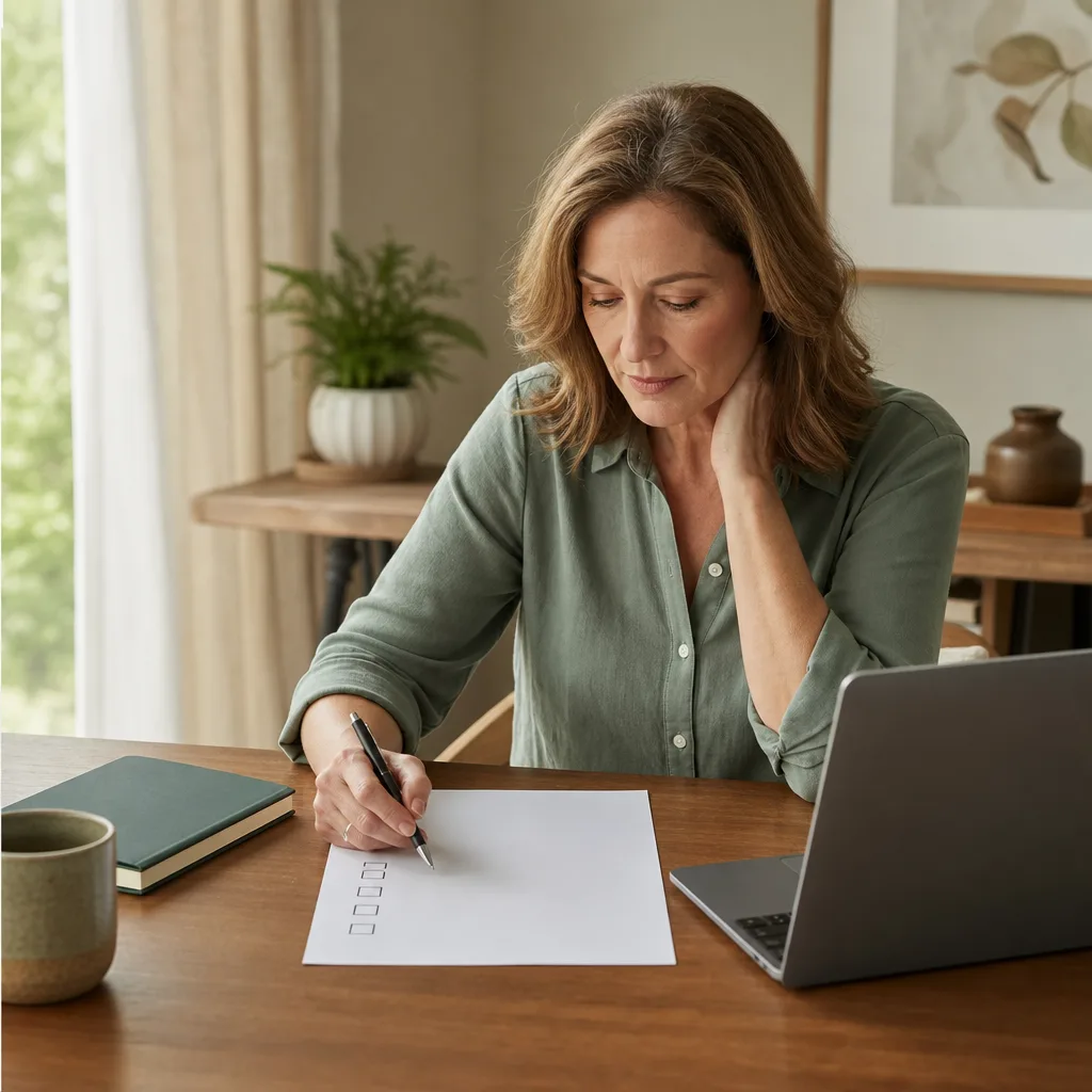 A woman reviewing a healthcare consultation checklist at home beside a laptop.