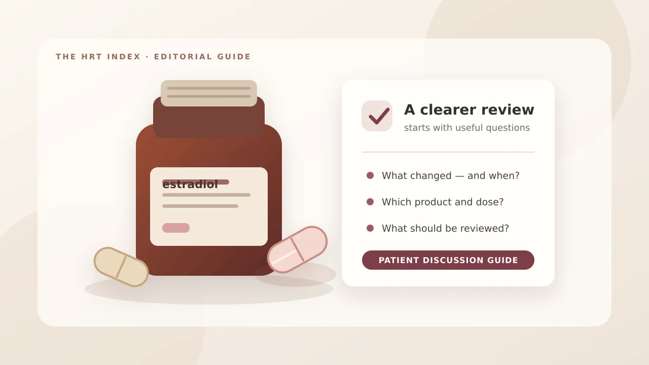 Unbranded estradiol tablets and a blank discussion sheet, illustrating questions to bring to a clinician; not a specific medicine or treatment result.