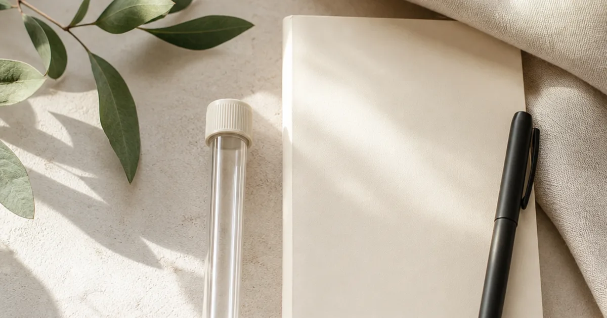 An unbranded laboratory sample vial beside a blank cream notebook and pen on a warm, softly lit desk.