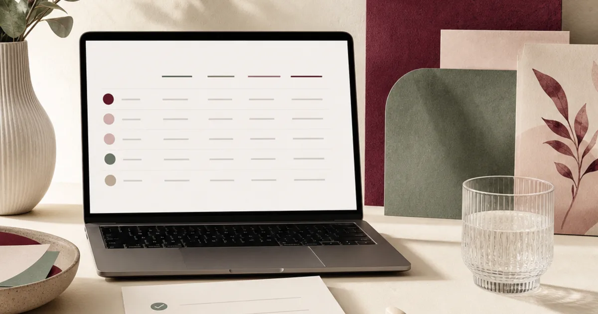 Editorial still life of a laptop, a care checklist, an unbranded pill and a generic patch-shaped card.