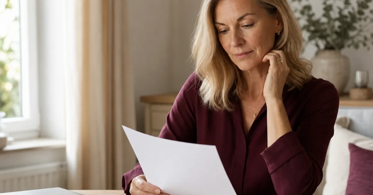 A woman reviewing a plain HRT plan price sheet at a home desk beside a notebook and closed laptop.