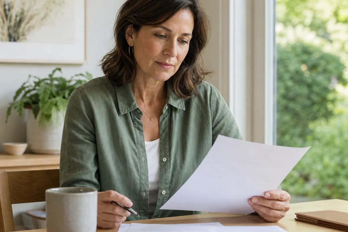 A woman in her 50s reviews a written healthcare quote and appointment questions at home.