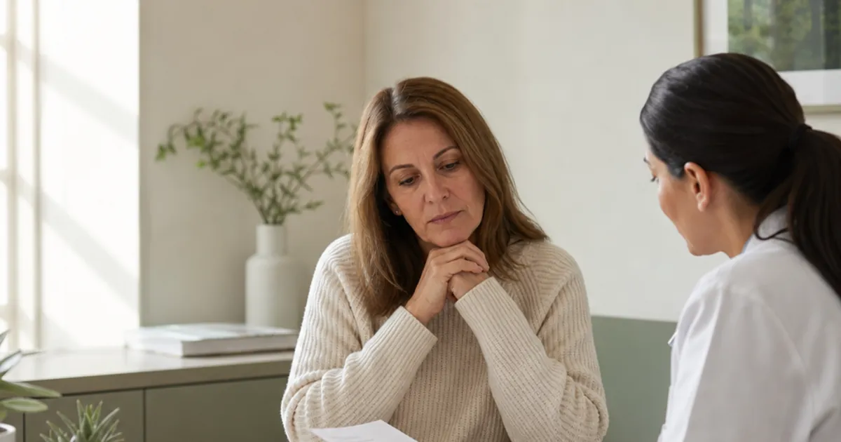 A woman and clinician review a written care estimate during an in-person clinic visit.