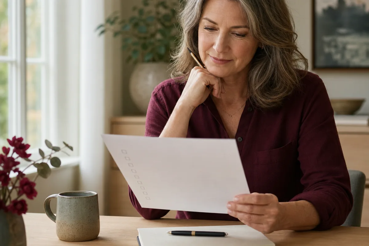 An adult woman reviewing a menopause-care consultation checklist at home.