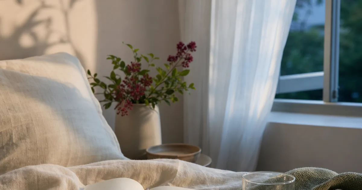 A bedside journal, glass of water and open window in a calm editorial still life for a hot-flash guide.