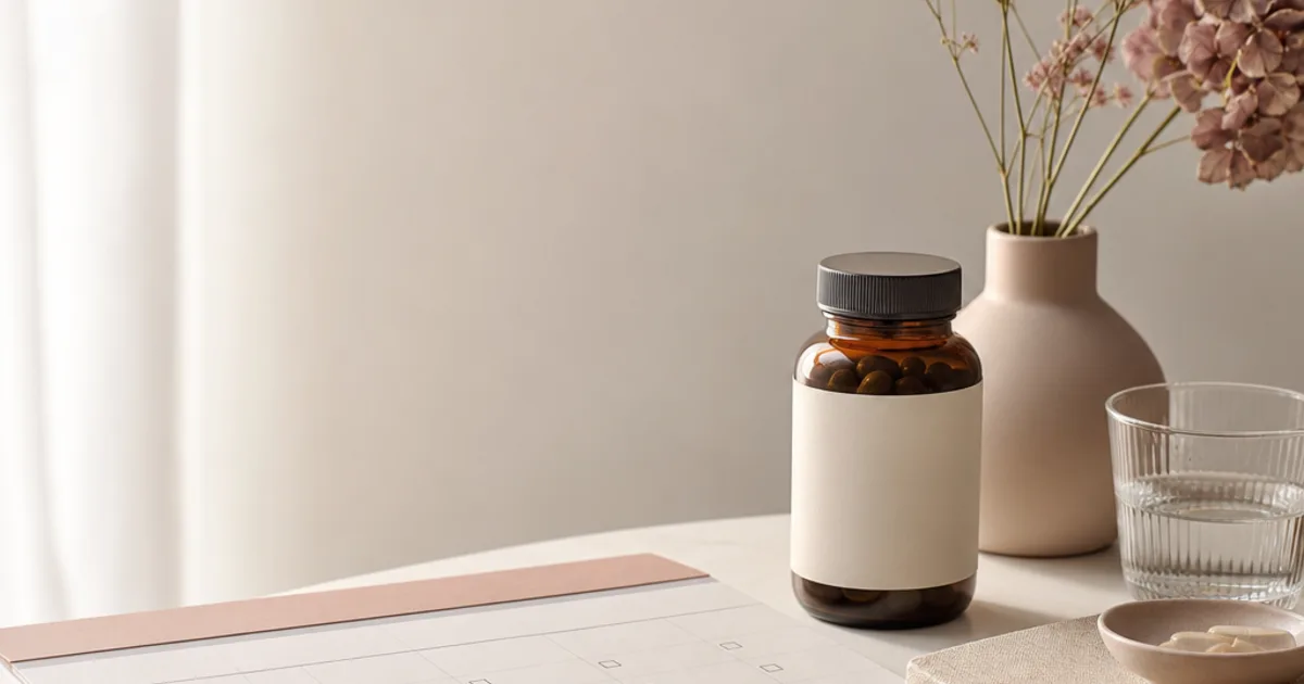 An unbranded amber medicine bottle beside a blank billing worksheet and notebook.