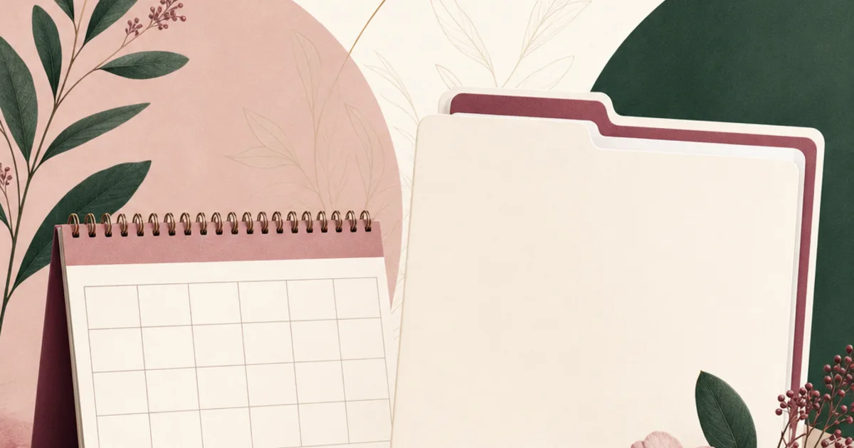 Editorial illustration of a calendar beside a mammogram report folder, for a guide to screening before HRT.