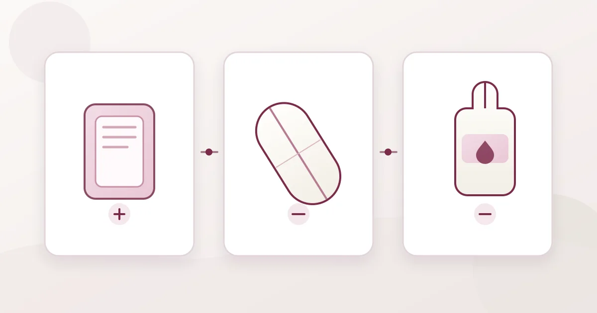 Editorial illustration of an estrogen patch, oral progesterone capsule and vaginal estrogen product as separate treatment forms discussed by Mel Robbins.