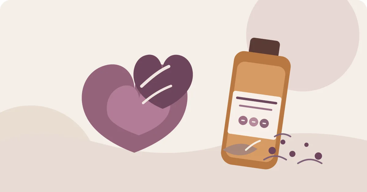 Editorial illustration of a generic supplement bottle, red clover leaves and probiotic shapes; it is not a photograph of MenoFit.