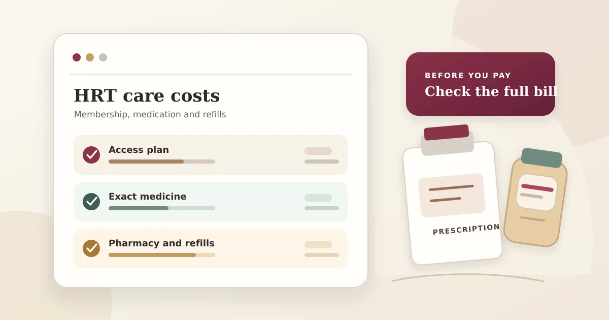 Editorial illustration of a care-cost checklist beside an unbranded prescription card and medicine container.
