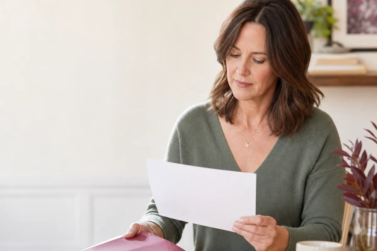 An illustrative scene of a woman reviewing a healthcare quote worksheet at home.