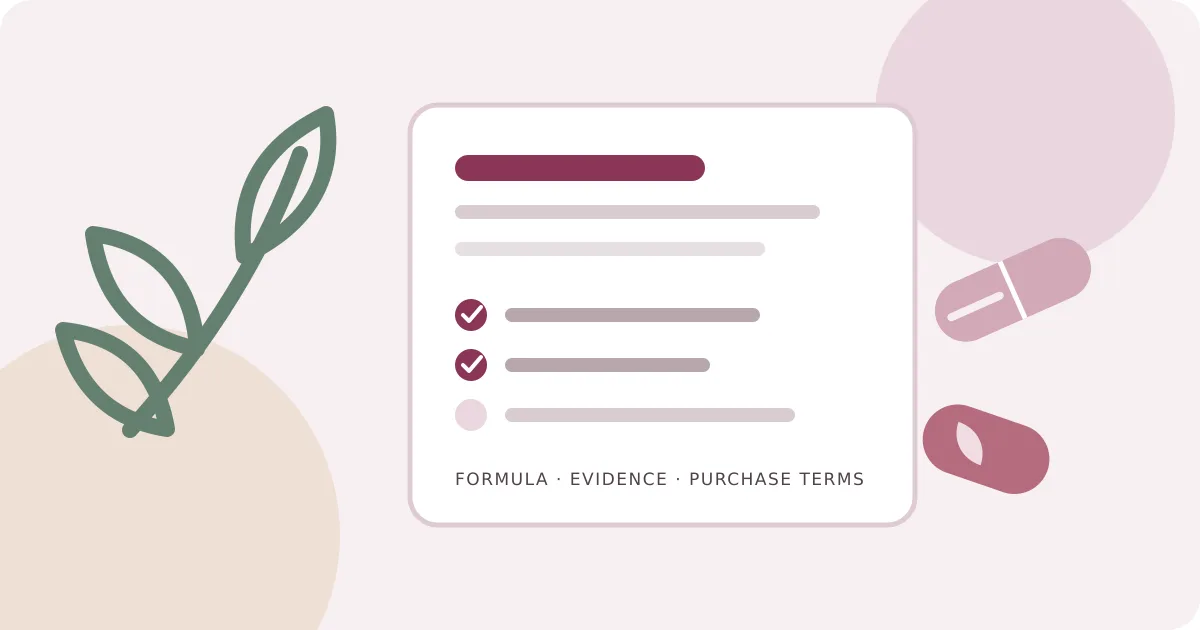 Editorial illustration of generic supplement capsules, a gummy and a botanical-label checklist; not a photograph of O Positiv MENO.