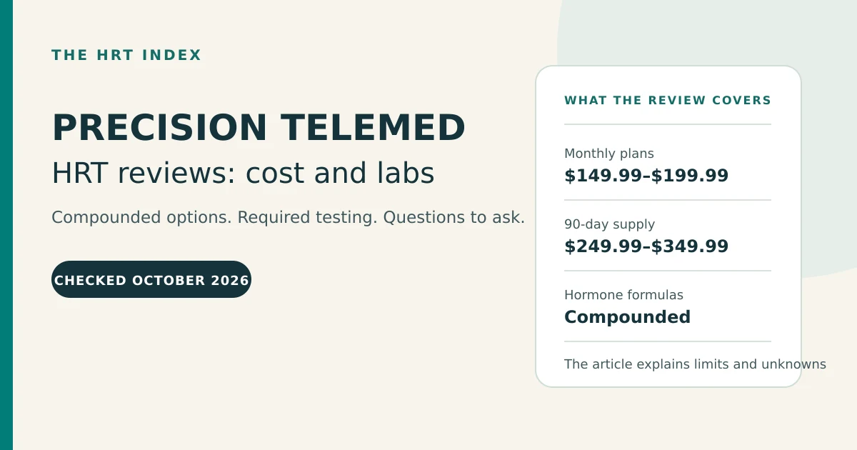 Precision Telemed HRT review guide showing the costs, lab requirements, compounded options and questions to ask before paying.