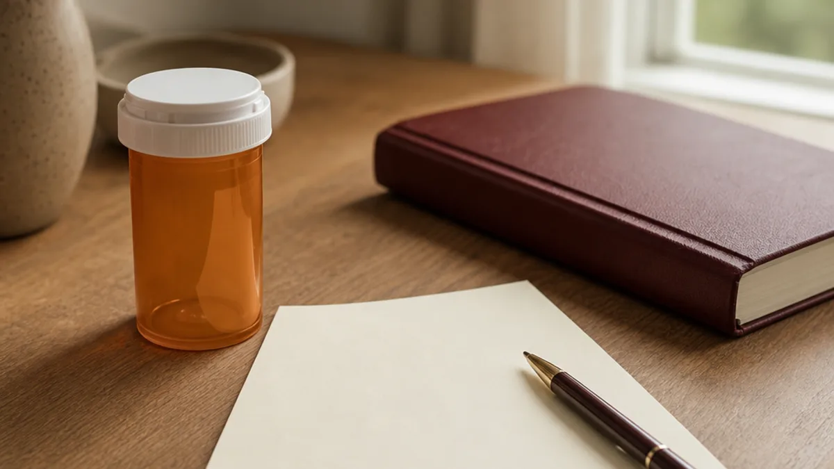 A blank refill note and unbranded amber prescription bottle beside a pen on a desk.