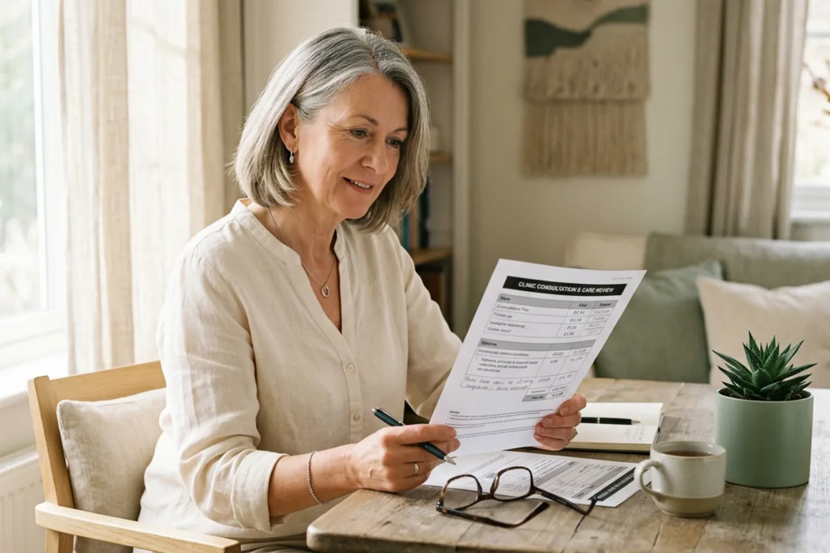 A woman reviewing a healthcare cost worksheet at home.