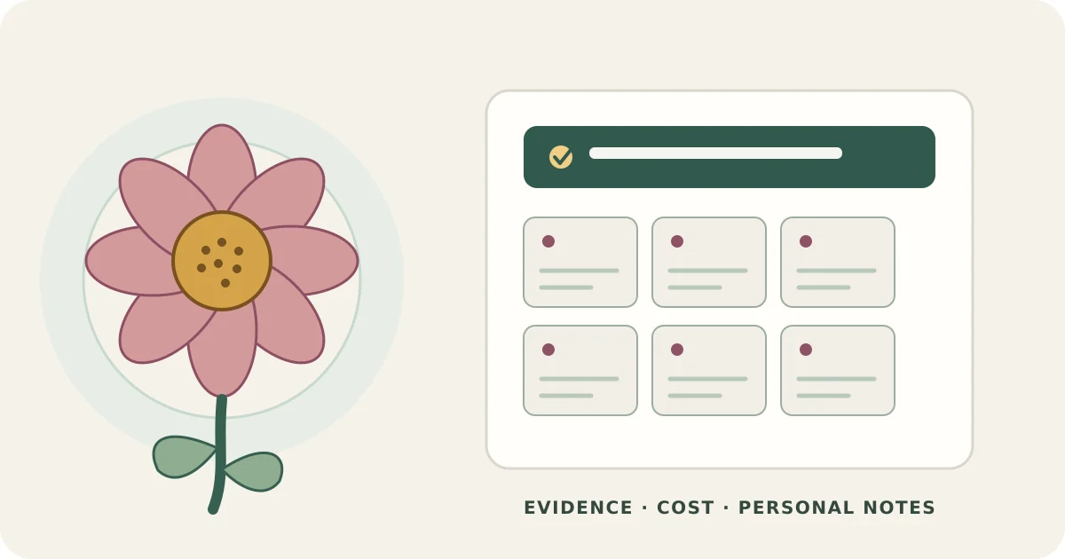 Editorial illustration of a flower beside a blank symptom-tracking calendar; it is not a Relizen product photograph or clinical result.