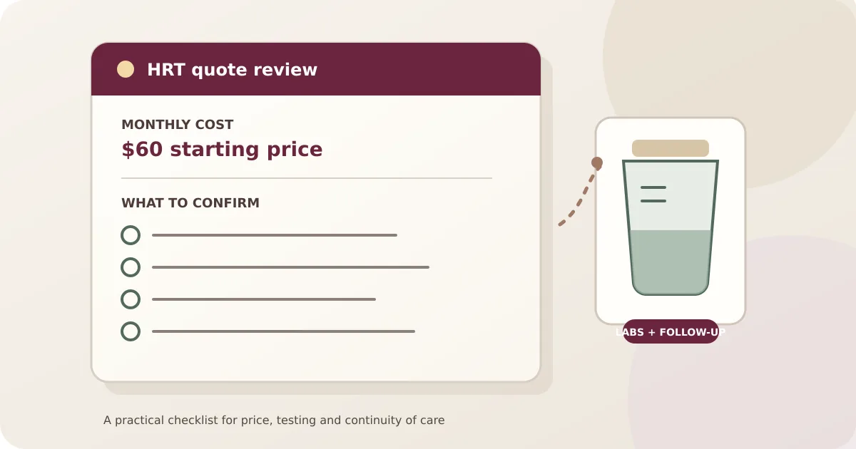 Editorial illustration of a written HRT quote, lab checklist and care-continuity notes.