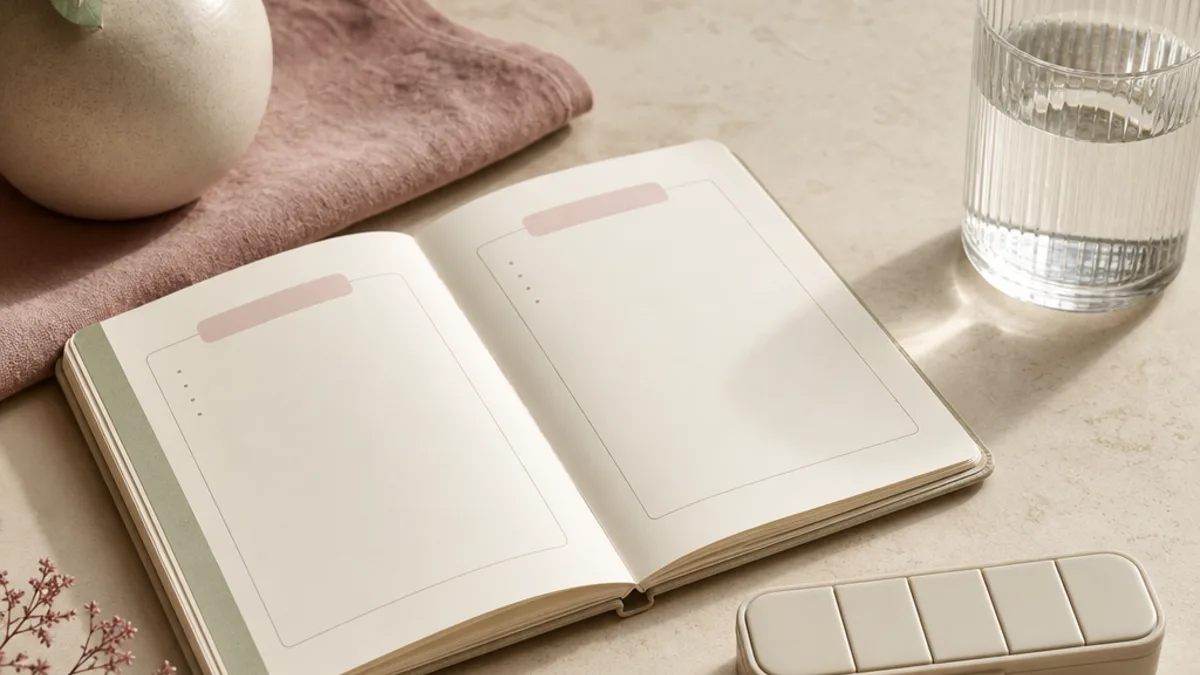 An unbranded appointment planner with blank dates, a pen, a glass of water, and a closed pill organizer, representing a planned birth-control-to-HRT transition.