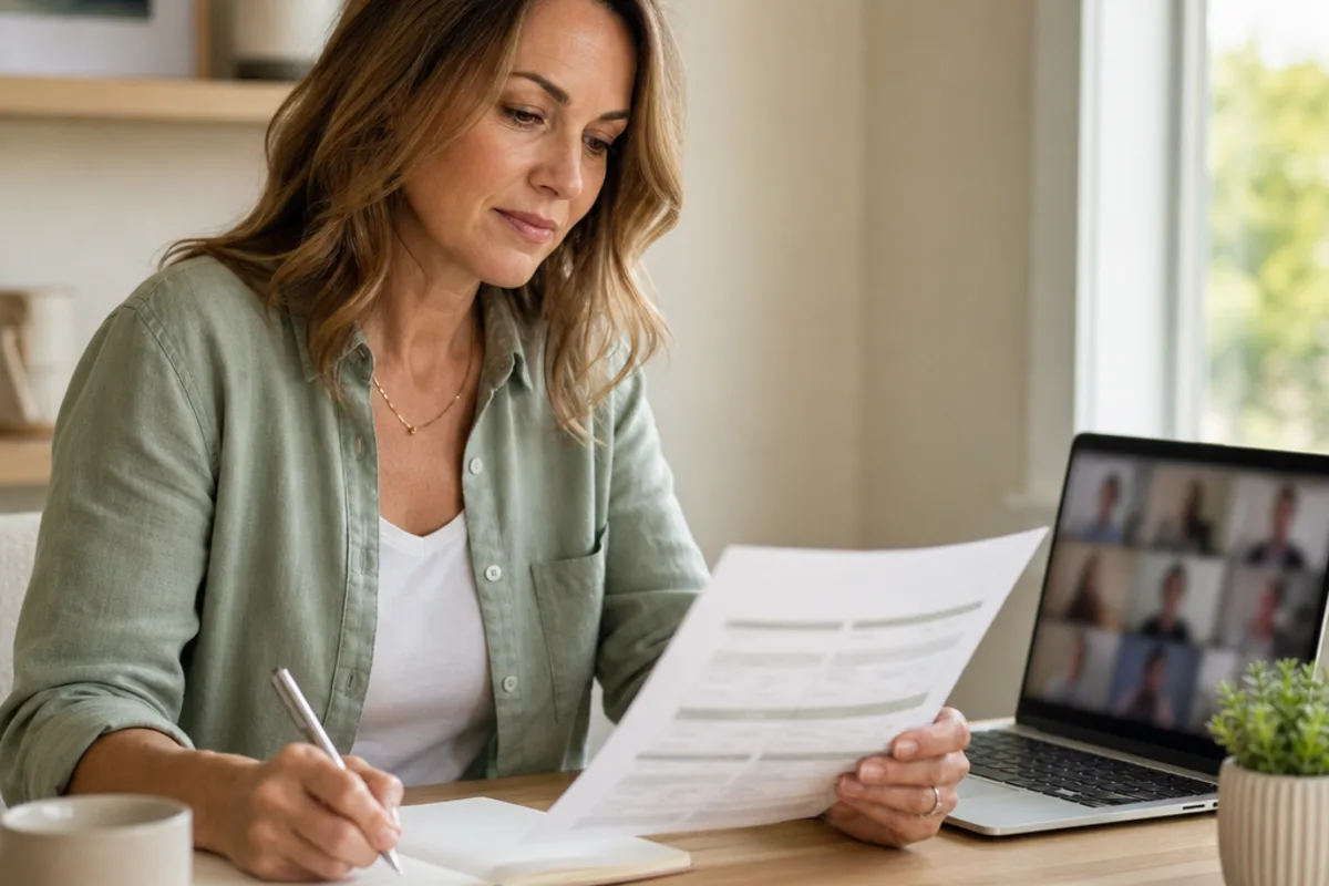 A woman reviewing a hormone-care quote worksheet beside a laptop at home.
