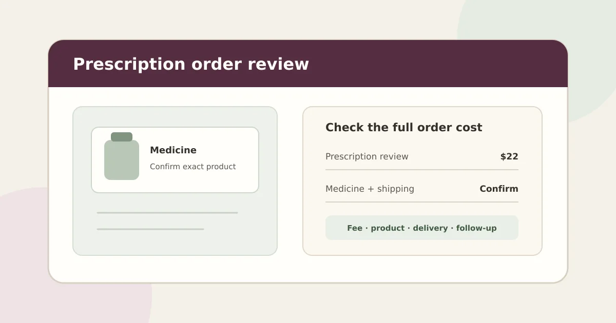Editorial illustration of an online prescription order, medicine package, delivery box and itemized cost worksheet.