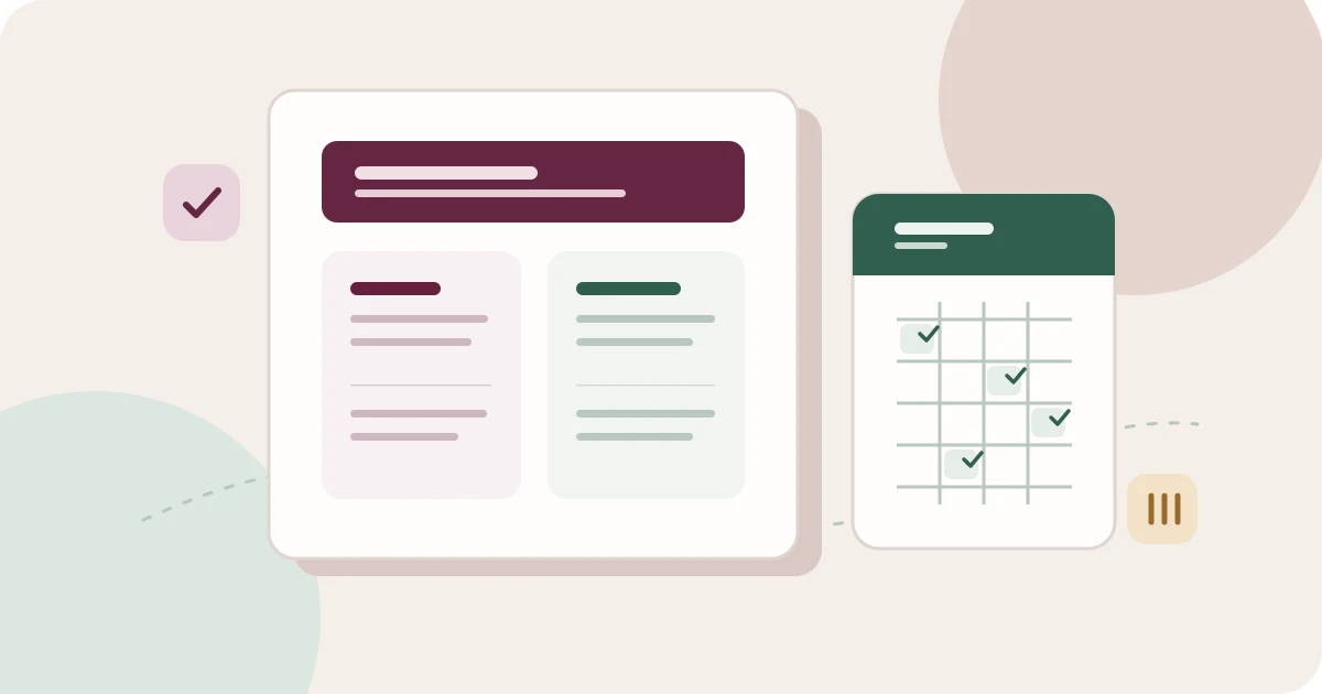 Editorial illustration of a blank care record, calendar and checklist for reviewing HRT costs and continuity; it does not depict a patient or clinic.