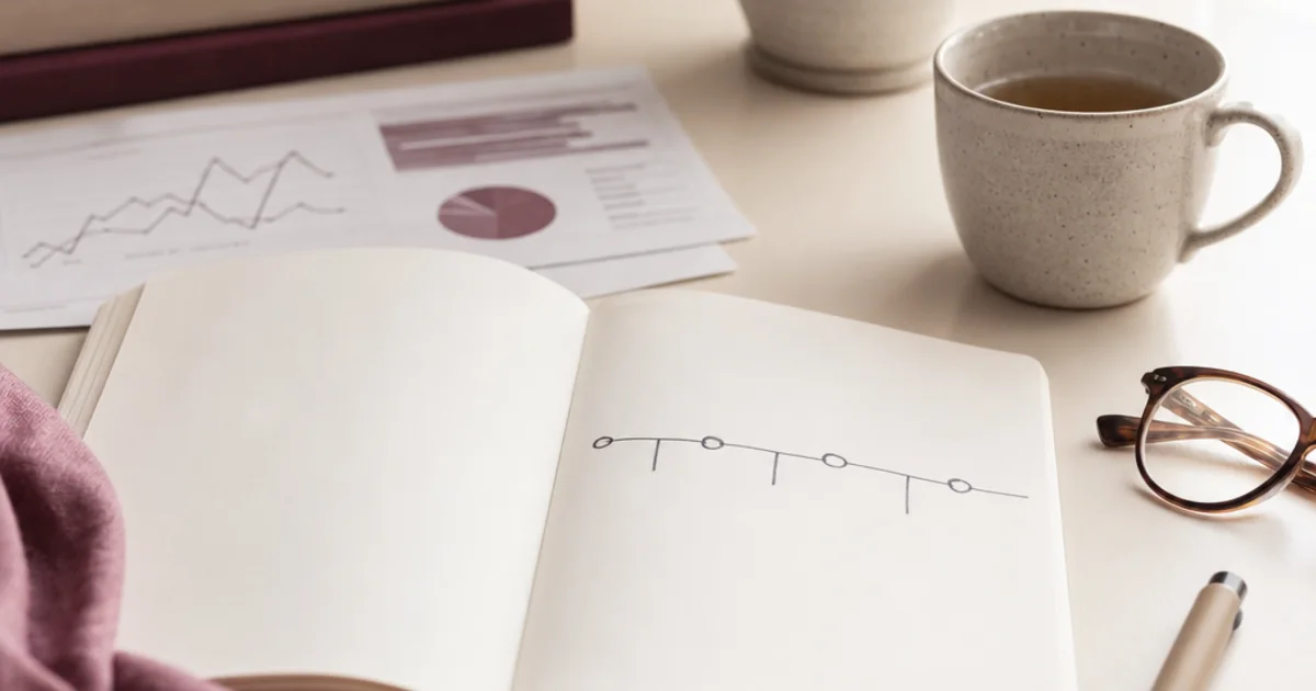 An open notebook with a simple timeline sketch, glasses, and a pen on a sunlit desk.