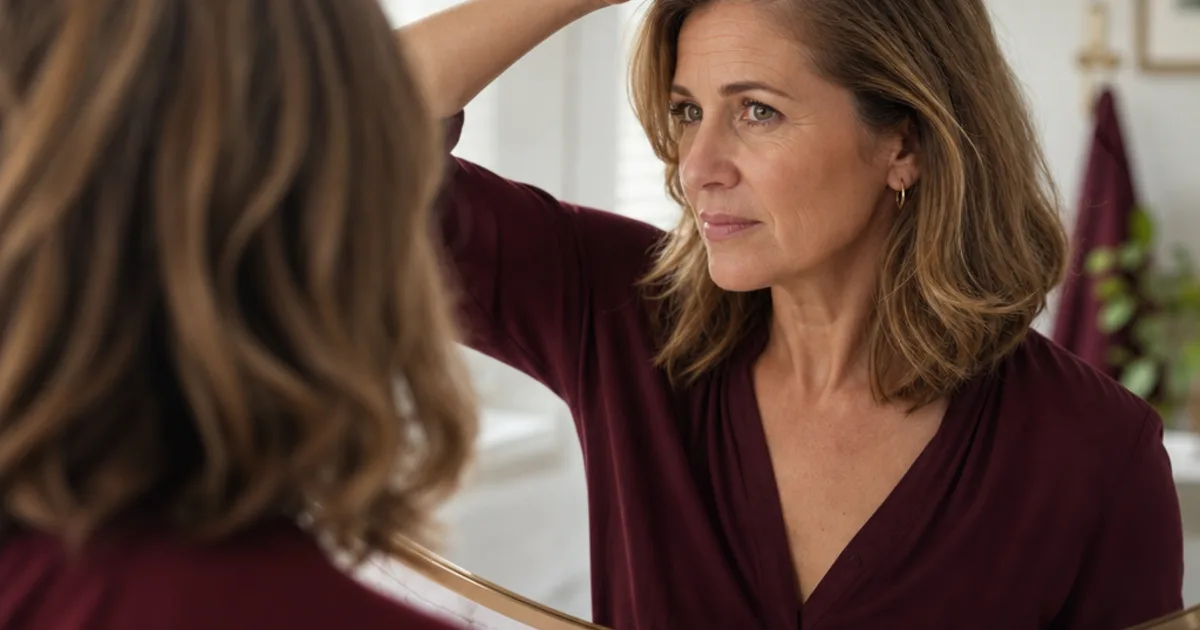 A woman gently checking her hair part in a mirror while considering midlife hair changes.