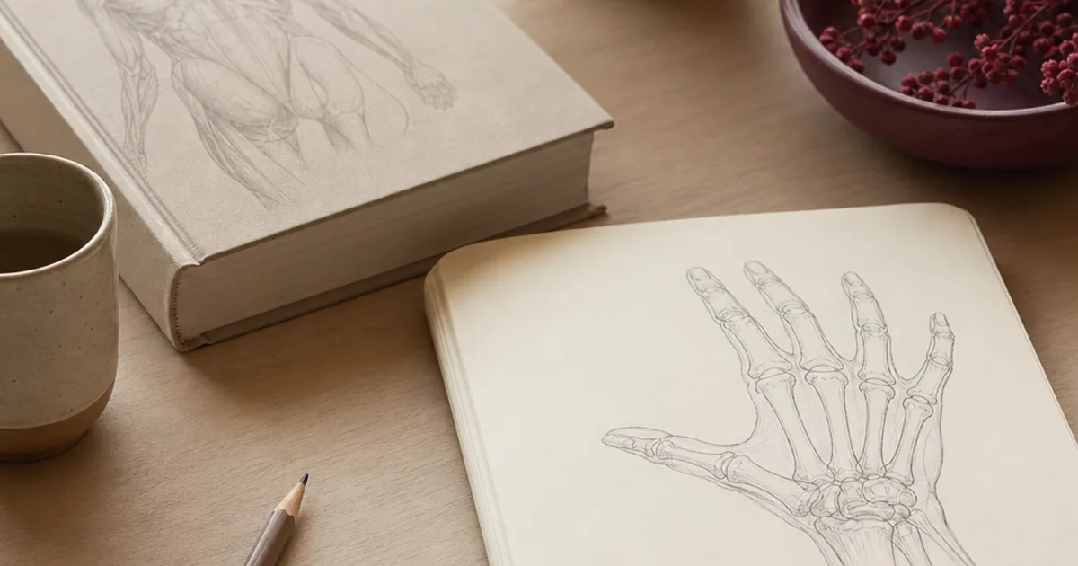 A journal with a simple wrist-joint sketch beside a reference book and tea on a cream desk.