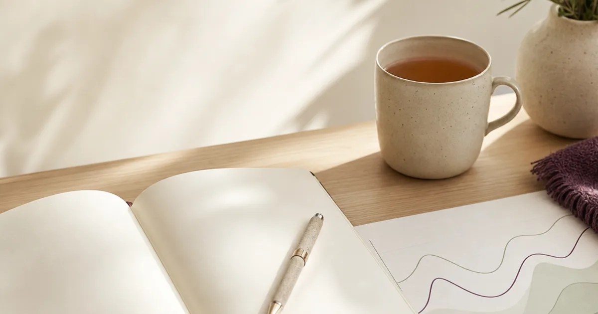 An open notebook, tea, and a simple research chart on a cream-colored desk.