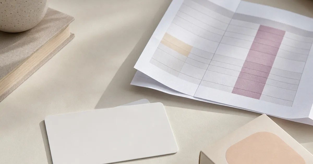 A blank white insurance card beside a printed comparison list with pale pink highlighted rows on a cream desk.