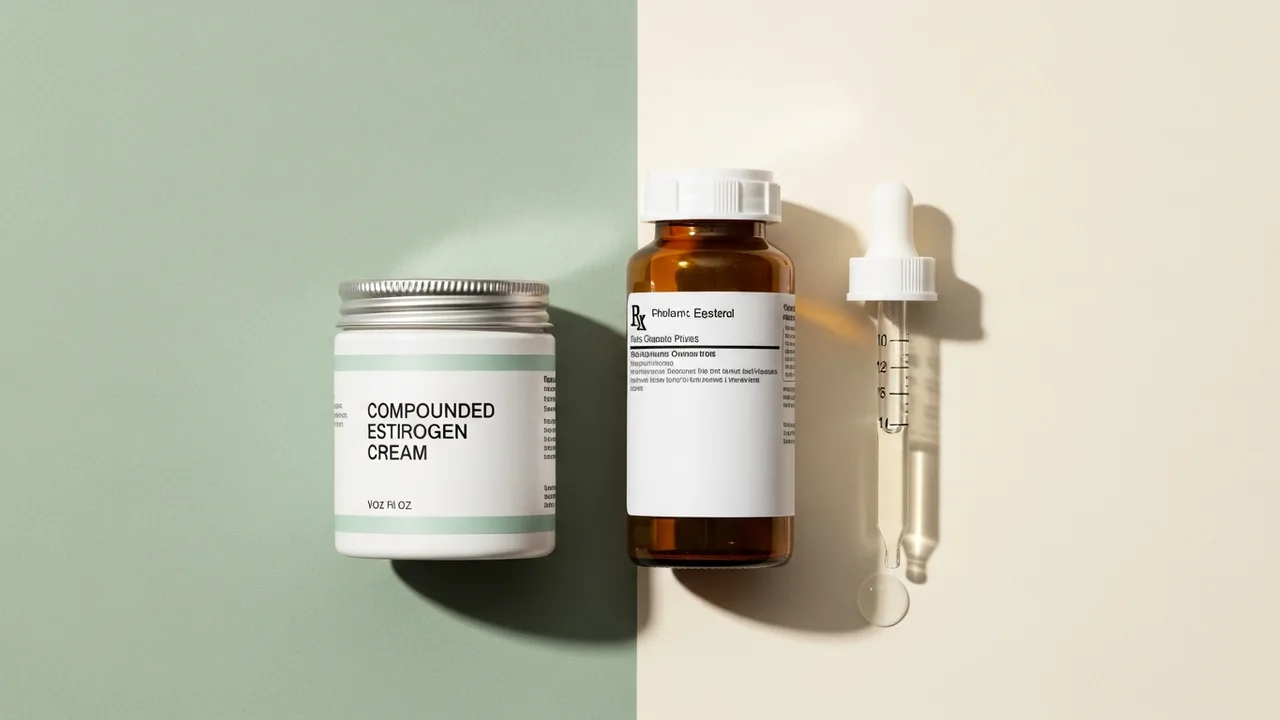 Compounded estrogen cream jar and progesterone pill bottle representing Lemonaid's hot-flash prescription of compounded estrogen cream plus FDA-approved progesterone