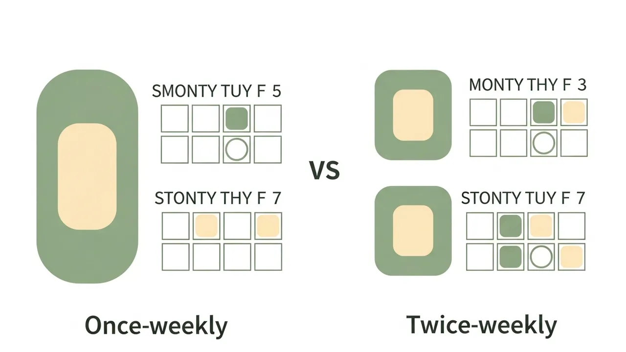 A once-weekly and a twice-weekly estradiol patch shown at relative size beside a weekly calendar