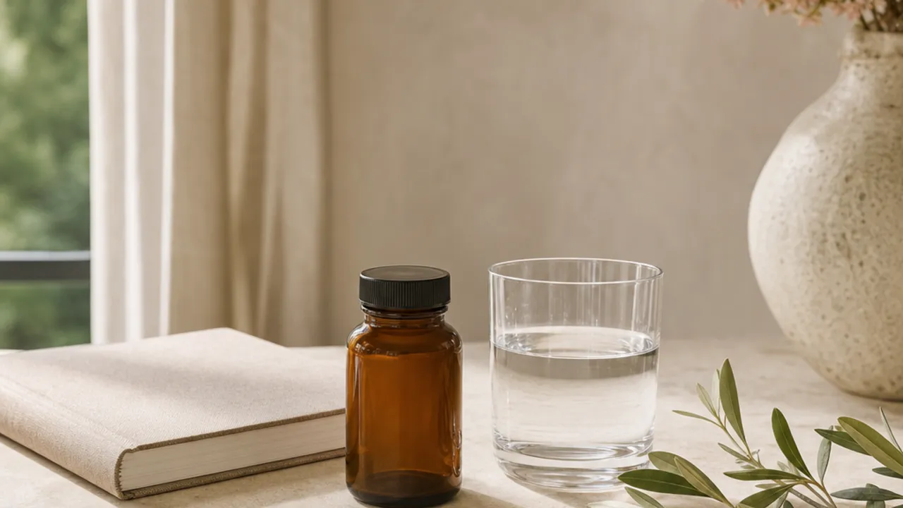 An unbranded amber bottle beside a notebook and water glass on a neutral desk.