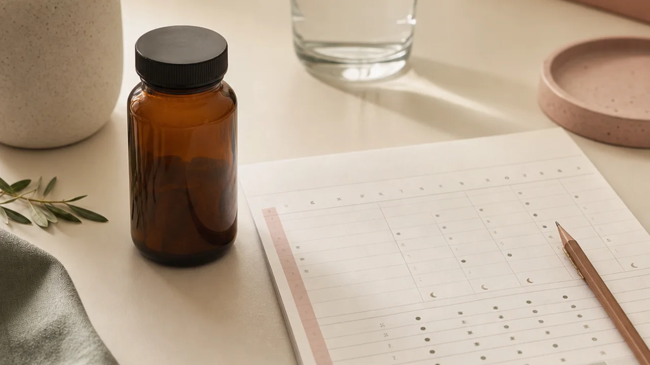 An unbranded amber bottle beside a paper sleep log, pencil and water glass on a cream desk.